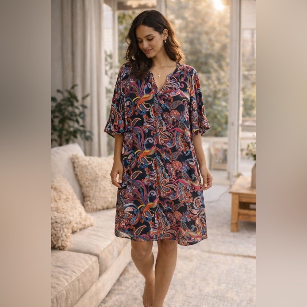 Natori Vibrant Paisley Button-Up Tunic Multicolor Dress Size M Boho Resort Chic